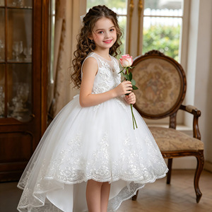 Childrens Flower Girl Dress White A-Line Lace Embroidered Tutu Sleeveless Sweetheart Neckline For Wedding Party Performance - Product Image 1