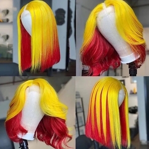 Perruque courte <span class=keywords><strong>bob</strong></span> en cheveux humains vierges à 100 %, dentelle frontale 13x4, <span class=keywords><strong>jaune</strong></span> et rouge, ligne de cheveux naturelle, raie au milieu, pour <span class=keywords><strong>femme</strong></span> - Product Image 1