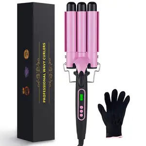 3 Barel Curling Iron Tongkat 1 Inci Keramik Turmalin Triple Barel Pantai Rambut Goyah Atlet Curling Putra untuk Dalam Gelombang Lcd Display