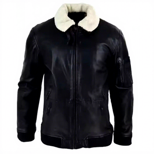 <b>Mens</b> Real Black Leather Bomber <b>Jacket</b> <b>White</b> Fur Collar Zip Waist Pockets Sheepskin Aviator Flight Coat Custom Winter Outerwear - Product Image 1