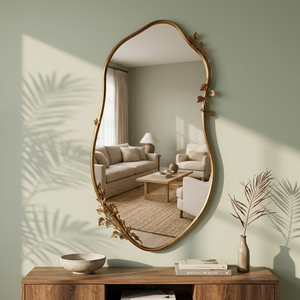 Irregular Brass Wall <b>Mirror</b> With Ornate Leaf <b>Frame</b> Bohemian Decorative <b>Gold</b> Finish For Living Room - Product Image 1