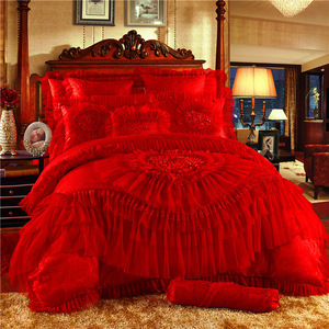 طقم سرير فاخر للعروس بتصميم أميرة من الدانتيل الأحمر المكشكش (11 قطعة) غطاء لحاف صديق للبيئة بأسلوب أوروبي 300 خيط في البوصة - Product Image 5