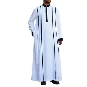 M-4XL Dubbel Gestreepte Heren Losse T-Shirt Met Volledige Mouw Moslimstijl Islamitische Heren Gewaad Saudi Arabische Jurk Kaftan