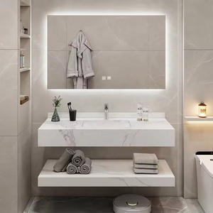 Vanité murale de salle de bain à usage domestique moderne dessus en marbre flottant évier intégré armoire à miroir LED vanité de bureau maquillage vanité - Product Image 4