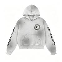 Sweat à capuche court épais délavé style vintage, effet usé et déchiré, avec trous, imprimé lettres, streetwear