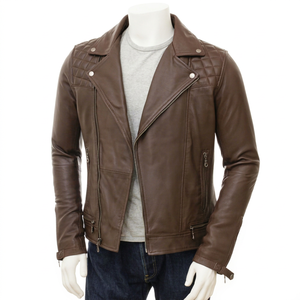 Veste de motard en cuir denim marron de qualité supérieure pour hommes, coupe personnalisable, vêtements d'extérieur de moto de style vintage pour l'hiver - Product Image 1