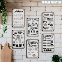 Panneau métallique vintage « Laver, Sécher, Plier, Répéter » avec décor de lave-linge et corde à linge pour buanderie