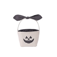 Panier à bonbons d'Halloween en toile avec doublure en coton à carreaux, broderie citrouille, poignée incurvée et nœud à carreaux