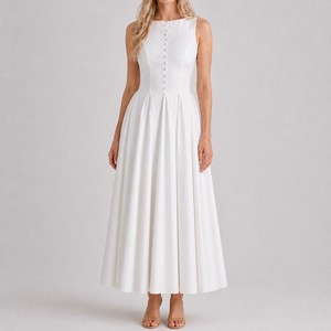 Abito Lungo Bianco da Donna in Cotone Plissettato Senza Maniche con Scollo a <span class=keywords><strong>Barca</strong></span> per Feste Estive - Produttore di <span class=keywords><strong>Abbigliamento</strong></span> Personalizzato - Product Image 1