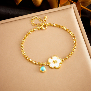 Fashion Charm Bracelet Gold Plated Zinc Alloy Flower Design Blue Turquoise Pendant Women's Jewelry Gift - Product Image 1
