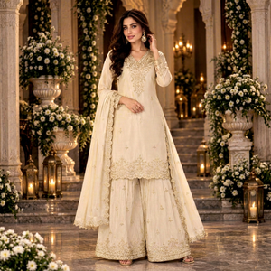 Cream Embroidered Traditional Indian Pakistani <b>Wedding</b> Anarkali <b>Suit</b> <b>Women</b> Loose Fit Floor Length Ethnic Wear Quick Dry - Product Image 1