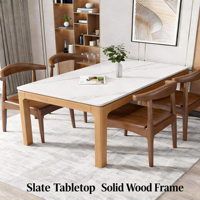 Table à manger moderne minimaliste en bois massif et pierre frittée imperméable - Ensemble table et chaises rectangulaires de luxe pour petit appartement