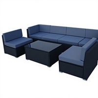 Ensemble de canapés modulaires d'extérieur en rotin PE, en forme de L, avec coussins bleu marine et table basse en verre, 5 pièces