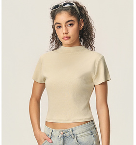 เสื้อยืดคอกลมทรงสั้นสำหรับผู้หญิง 260GSM ผ้าฝ้าย 47.1% วิสโคส 47.1% สแปนเด็กซ์ 5.8% สไตล์ Y2K แขนสั้น - Product Image 4