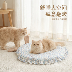 Soft Round Pet <b>Mat</b> Large Ear Checkered Design Polyester Fiber Fill Four Seasons Use Dog Cat Bed - Product Image 4