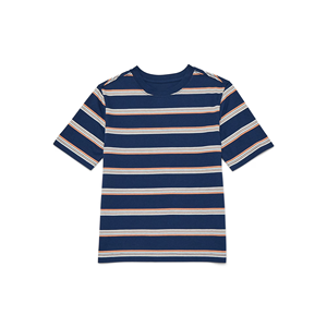 Boys School Custom Logo Soft Oversized Striped Short Sleeve Round Neck Casual Knitted 100% Cotton T-Shirt - Product Image 3