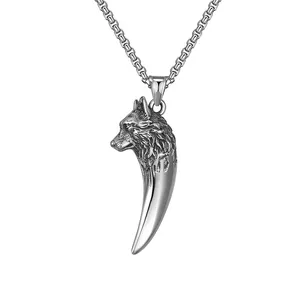 SSN150 Vintage Nordic Viking Wolf Head Tooth Pendant Necklace for Men Stainless Steel Masculine Viking Tribe Animal Necklace