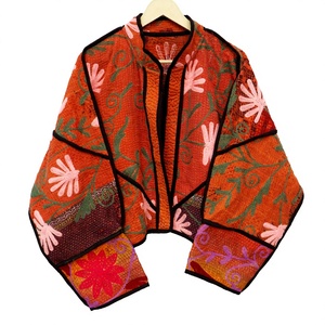 Eco-friendly Knitted Cotton <b>Kantha</b> Embroidered Mandarin Collar Winter <b>Jacket</b> Floral Stripe Digital Print Full Sleeves Breathable - Product Image 1
