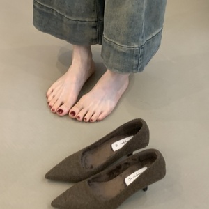 Zapatos de Tacón Alto Grises Estilo Francés para <span class=keywords><strong>Mujer</strong></span>, Otoño 2026, Retro, Parte Superior de Goma, Forro de Felpa Corta Artificial, Sin Cordones, Punta Puntiaguda, Tacón Delgado - Product Image 4