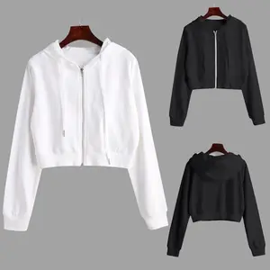 Classic short black white pure color cotton hoodies with zipper for girl women