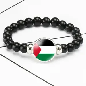 Fashion Time Gem Black String Bead Bracelet Palestinian Flag Bracelet