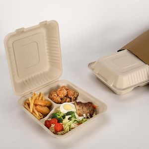 Contenedores de comida para llevar de 8 pulgadas con 3 compartimentos, tipo bento, de almidón de maíz biodegradable y bagazo, para restaurante. - Product Image 4