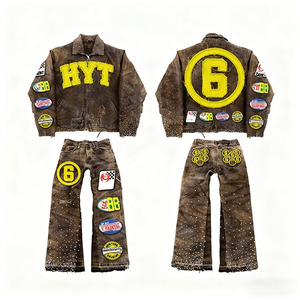 Set Completo di Design Personalizzato Streetwear Y2k da <span class=keywords><strong>Uomo</strong></span> e <span class=keywords><strong>Donna</strong></span> con Felpa e Pantaloni Effetto Distressed, Ricami Vintage, Strappi e Lavaggio Acido - Product Image 2