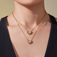 Ensemble en acier inoxydable avec zircon 5A étincelant, collier avec pendentif cœur à double couche 3D, boucles d'oreilles, bague, pierre précieuse polyvalente et tendance