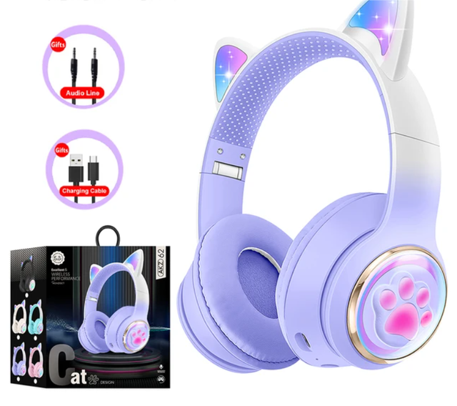 BT V5.3 Foldable Gaming Headset RGB Cat Ear Wireless Headphones for PC Cute 3D Space Capsule Cat Headset for Kids Girls Gifts