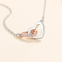 Collier en argent S925 avec double cœur en zircon, collier de mode pour femmes, collier avec pendentif en forme de cœur rose pour mariage