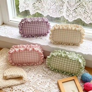 Cute Cosmetic <b>Bag</b> with Ruffles Pouches Checkered Gingham Plaid Wedding <b>Bride</b> Large Lifestyle Toiletry <b>Makeup</b> Ruffle Cosmetic <b>Bag</b> - Product Image 1