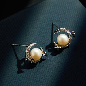 Star Moon Pearl Stud <b>Earrings</b> Gold Plated With Zircon 925 Silver <b>Post</b> For Women - Product Image 4