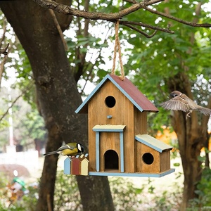Mangeoire à oiseaux en bois 2 en 1, pour extérieur en bois, 3 trous, hôtel - Product Image 3