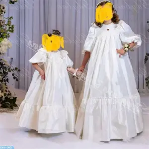 Abiti da ragazza fiore a vita alta in raso avorio con volant sorella della <span class=keywords><strong>sposa</strong></span> per costumi da principessa per feste di compleanno - Product Image 1