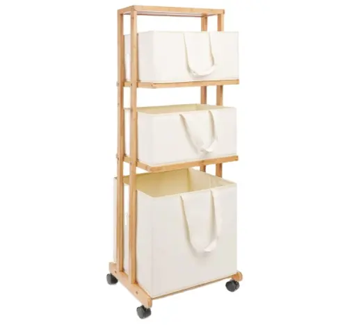 Laundry Basket 3 Tier Bamboo Storage Shelf with Wheels Removable Storage Basket