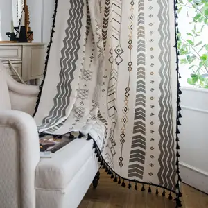 Wholesale Bohemian Cotton Linen Fabric Luxury Elegance Valance With Tassels Window Blackout curtain for Living Room Bedroom