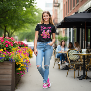 Camiseta con signo del zodiaco de Scorpio para niña, diseño de zapatillas rosas, regalo de cumpleaños para ella - Product Image 3