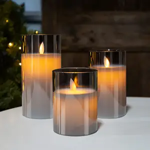 3D Flameless LED Candle Light Glass Jar Gray Amber Set 3 Candles Real Paraffin Wax Led Candles With Remote Control 2AA Battery