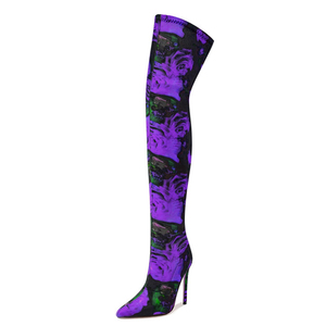 Big Size 47 Wide Fit Thigh High Boots Women's Stiletto Over-knee Floral Pattern Boots Stretchy Fabric on Shoes - Product Image 4