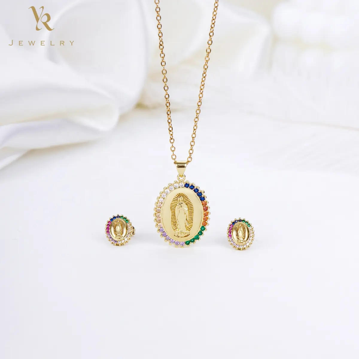 FS4045-4 Trendy Style Jewelry Supplies Gold Plated Oval-shaped Virgin Mary Jewellery Set Earrings And Necklaces For Women Men
