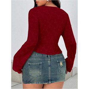 Haut court à manches longues pour femme, style Y2K, col noué, imprimé floral, moulant, tricoté, décontracté, pour tous les jours - Product Image 2