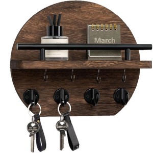 Wooden <b>Wall</b> <b>Mounted</b> Key Rack Round Shape With <b>Shelf</b> For Keys And Small Items - Product Image 2