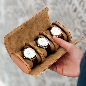 Logotipo personalizado Relógios Rolo Single Watch Roll Case Viagem Canvas Round Brown 1 2 3 Slots Watch bag Leather roll