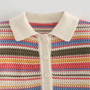 Cardigan Corto da <span class=keywords><strong>Donna</strong></span> alla Moda a Righe Lavorato all'Uncinetto con Colletto <span class=keywords><strong>Polo</strong></span> e Bottoni Manica Corta - Product Image 3