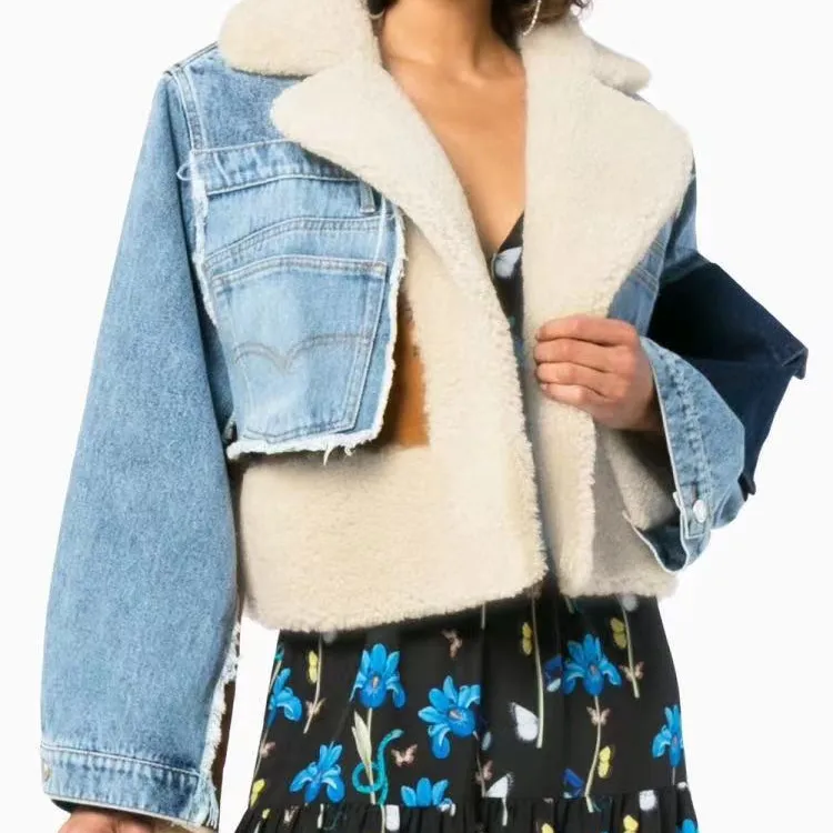 Kış moda kadın kısa Denim ceket ve mont kürk Patchwork sıcak shearlıng boy