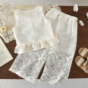 Set Estivo in Cotone Bianco per Ragazze, Due Pezzi con Top Senza Maniche e <span class=keywords><strong>Pantaloni</strong></span> a Gamba Larga, Completo 2 Pezzi per Bambine - Product Image 2