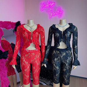 Sexy Spitze durchsichtig 2-teilige Sets Frau Outfit Mesh Hollow Out Crop Top und Shorts Anzug - Product Image 1