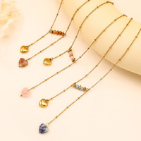 Collier double couche en acier inoxydable, pendentif cœur en pierre naturelle avec perles rondes, bijoux de mode bohème empilables pour femmes