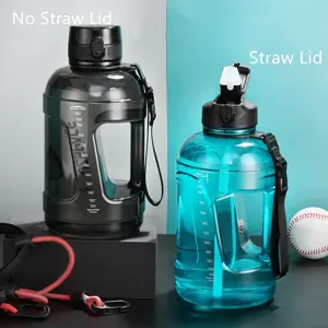 Tritan Botol Air Galon Plastik Motivasi 64Oz, Botol Air Galon Plastik dengan Penanda Waktu, Sedotan untuk Fitness Gym