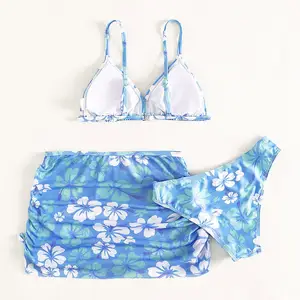 2024 Wholesale Girls Swimsuit Swim Suit Kids 3 Pieces Bathing Flower Print Tops Tankini Bikini Set Girls Swimwear
